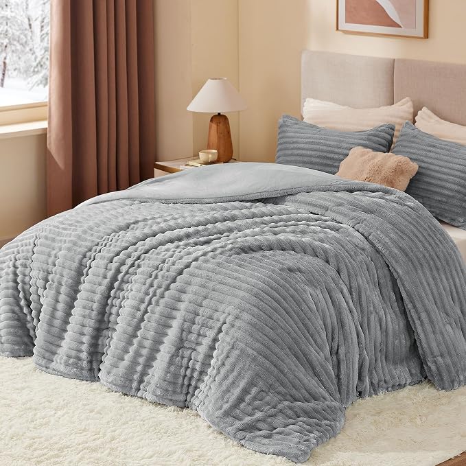 BEDELITE Fleece Twin Comforter Set -Super Soft & Warm Fluffy Light Grey Bedding - Image 2