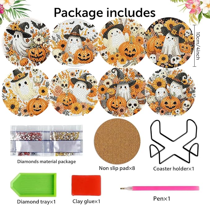 8 Pack Halloween Diamond Art Coasters, Ghost Diamond Painting Coasters Kits | - Image 2