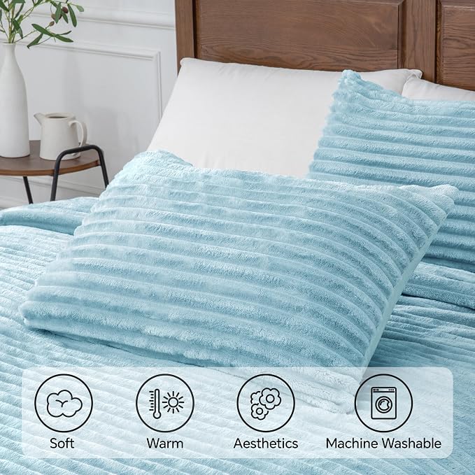 BEDELITE Fleece Queen Comforter Set -Super Soft & Warm Fluffy Light Blue Bedding - Image 5