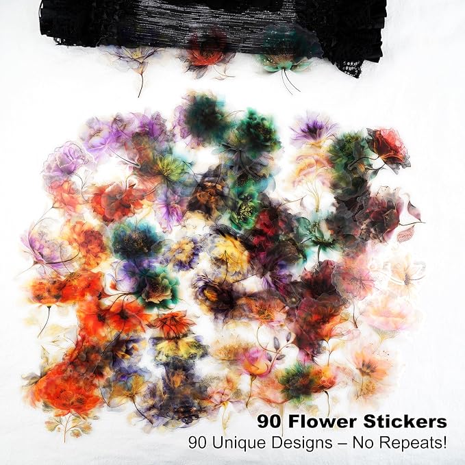 90PCS Flower PET Stickers, Waterproof Transparent Floral Designs - Image 2