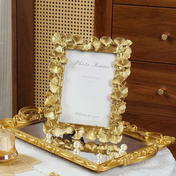 Cuspin 5x7 Picture Frame Gold Picture Frames, Ornate Vintage Ginkgo Leaf - Image 2