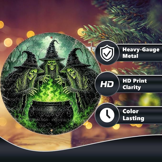 Skeleton Witches Halloween Metal Tin Sign Round Wall Decor Green Magic Potion - Image 4