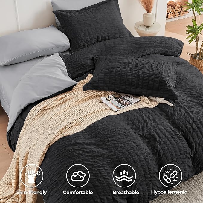HYMOKEGE Black/Light Grey Twin Comforter Set Seersucker 5 Pieces, All Season - Image 3