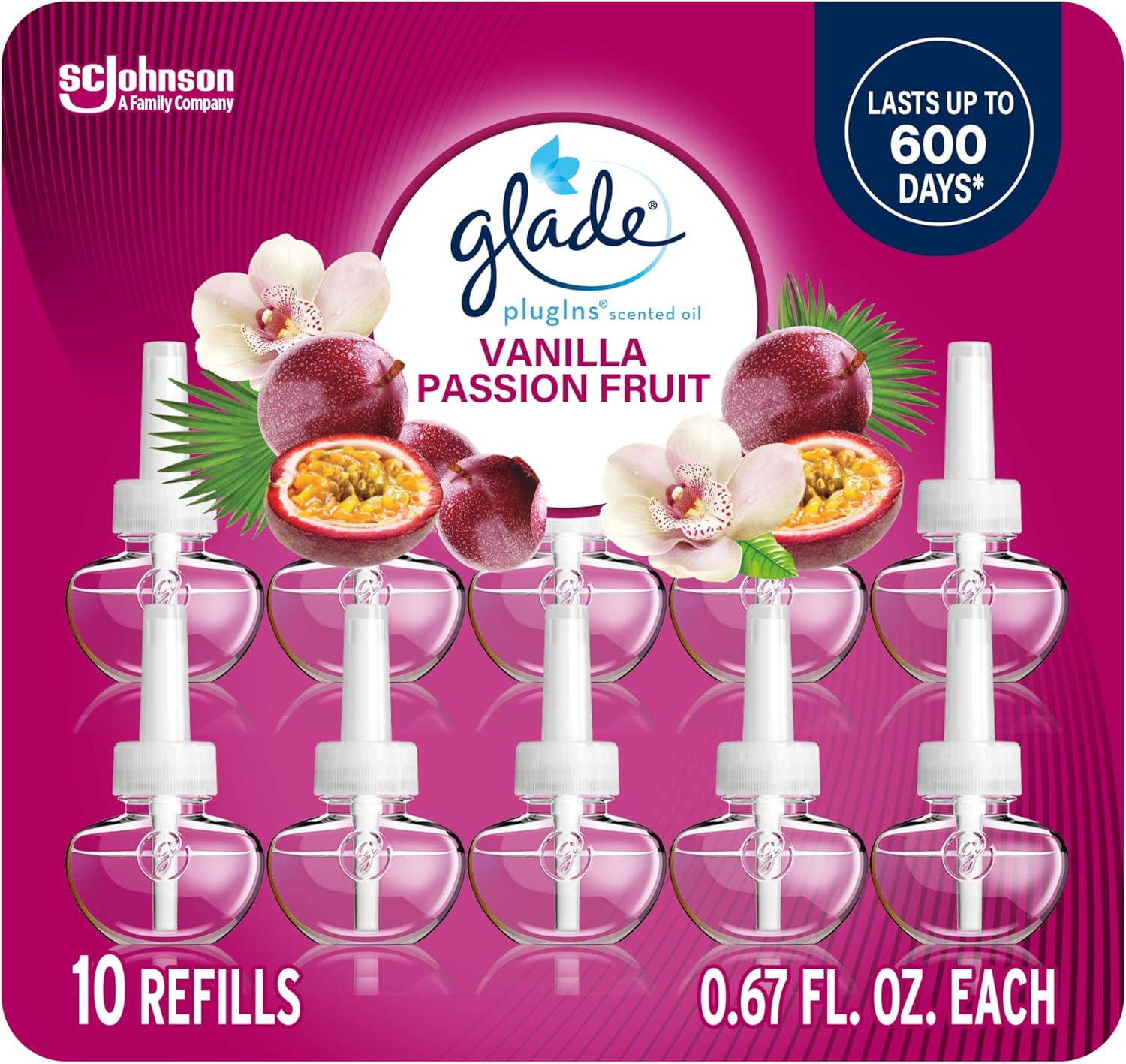 Glade PlugIns Refills Air Freshener, Vanilla Passion Fruit, Scented and Essential Oils for Home and Bathroom, 0.67 Fl Oz, 10 Count