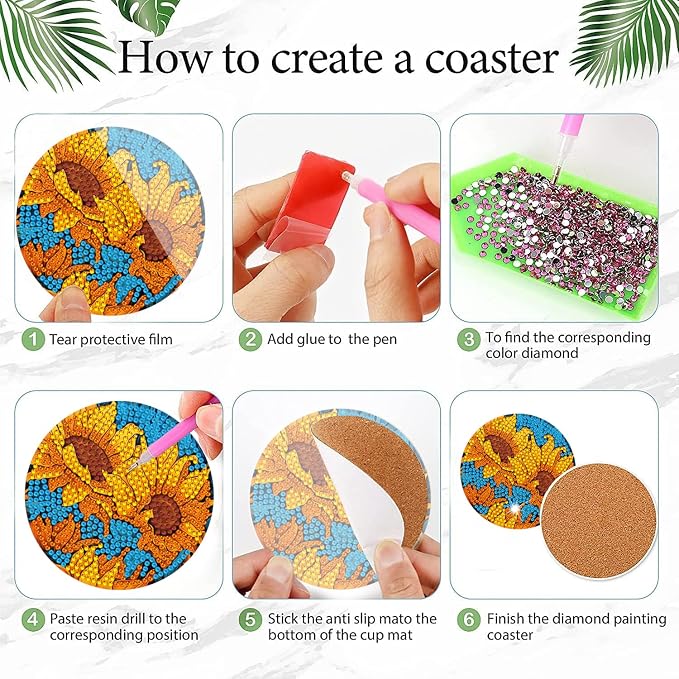 EWJRNSF 6 PCS Sunflower Diamond Painting Coasters Kit - Image 3