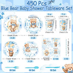 450 Pcs Blue Bear Baby Shower Tableware Set Decorations, We Can Bearly Wait - Image 2