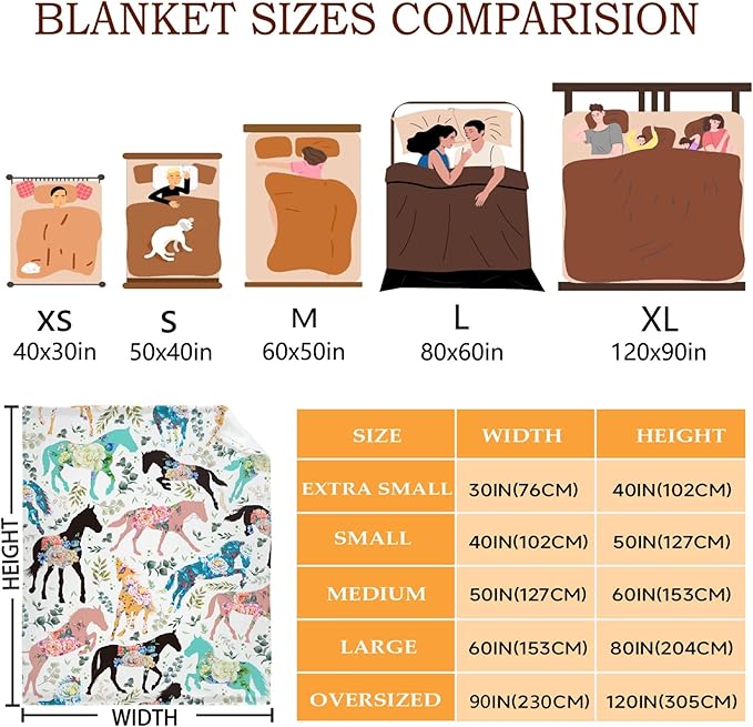 Colorful Floral Horse Blanket for Boys Girls, Flowers Animals Kids Throw Blanket Gift for Child, Fluffy Cozy Soft Lightweight Blankets for Bed Office, 40x50 Inches