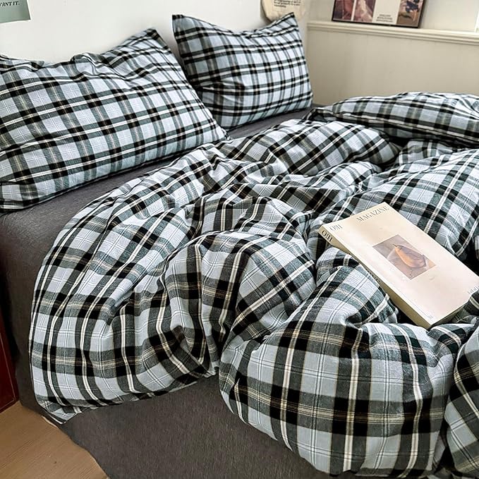 mixinni Vintage Grey & Pale Blue Buffalo Plaid Duvet Cover Set Twin Size - Image 6