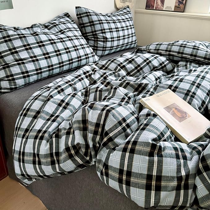 mixinni Vintage Grey & Pale Blue Buffalo Plaid Duvet Cover Set Twin XL Size - Image 6