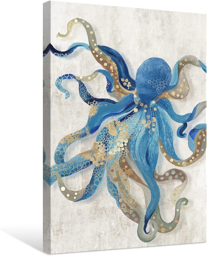 Octopus Canvas Wall Art Blue and Gold Sea Animal Picture Ocean Life Theme - Image 2