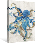 Octopus Canvas Wall Art Blue and Gold Sea Animal Picture Ocean Life Theme - Image 2