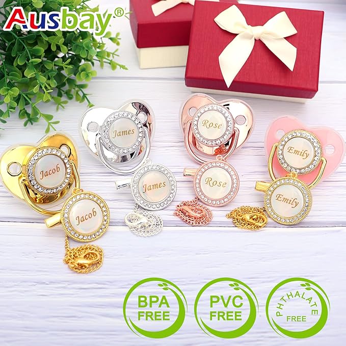 Personalized Pacifier Set with Name, BPA Free, Bling Gold Silver Pink Rose Gold Luxurious Ideal Gift for Newborns (Gold)