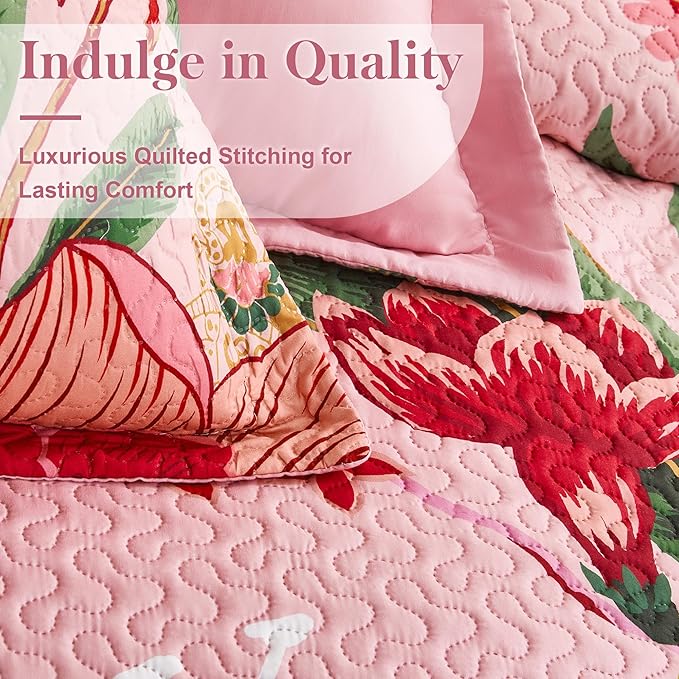 Tyrot 3 Piece Pink Boho Floral King Size Quilt Sets Farmhouse Botanical - Image 4