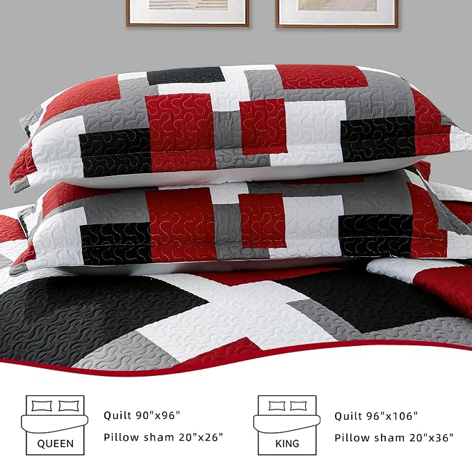 Tyrot 3 Piece Red Black Grey Quilt Set Full/Queen Size Red and White Geometric - Image 7