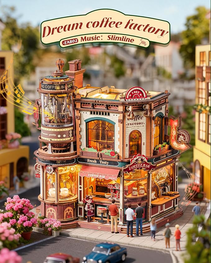 ROKR Dream Coffee Factory, Wooden Music Box Model, Mechanical 3D Wooden Puzzles - Image 2