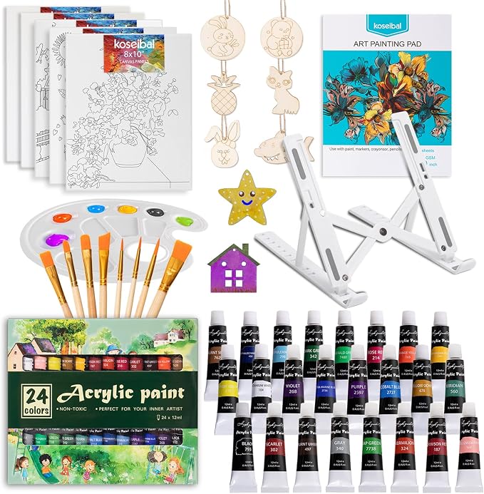 koseibal Acrylic Art Set with 24 Acrylic Paints, 8 DIY Wooden Stencils 5 Canvas by koseibal