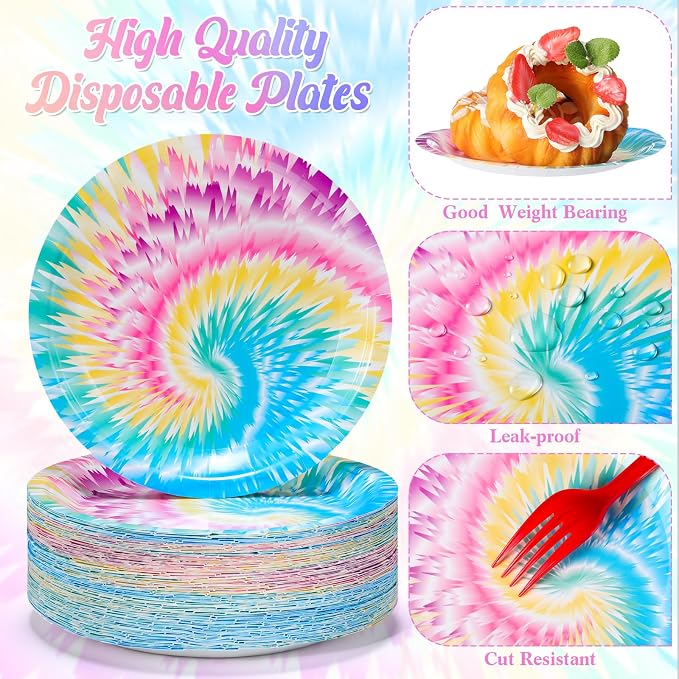 Domensi 100 Pack Tie Dye Paper Plates 7 Inch Rainbow Disposable Dessert Plates - Image 3