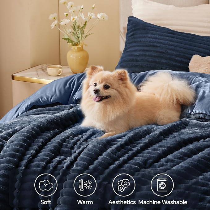 BEDELITE Fleece Full Comforter Set -Super Soft & Warm Fluffy Navy Blue Bedding - Image 3