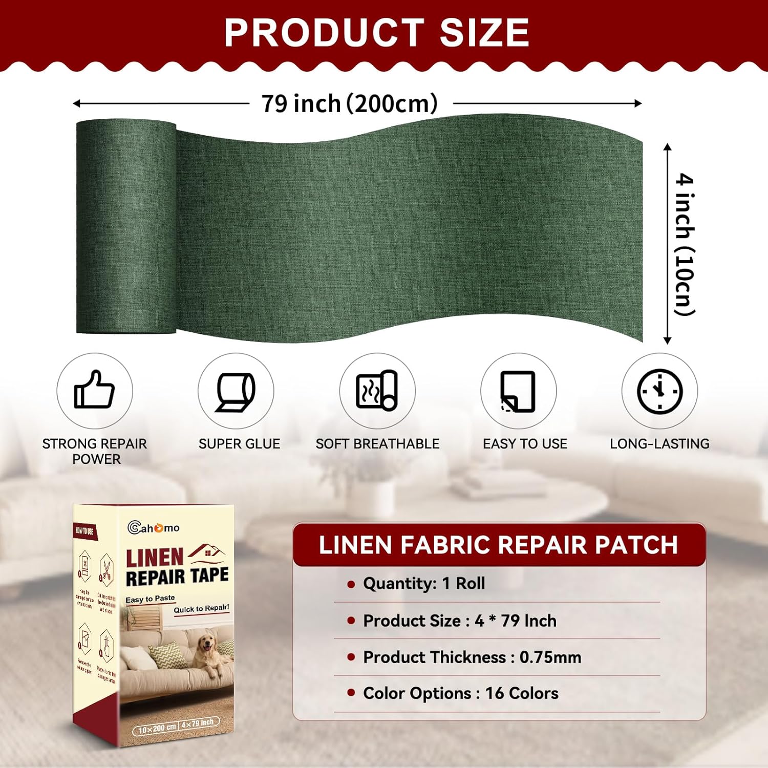 Linen Repair Tape 4x79 inch, Self Adhesive Fabric Patches, Linen Patch Tape Kit, Fabric Repair Tape for Couch Sofas, Headboards, Chairs, Pillows, Curtains, Couches - Army Green