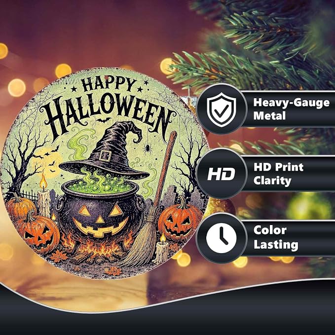 Vintage Witch Cauldron Halloween Metal Tin Sign Round Wall Decor Witch Hat - Image 4