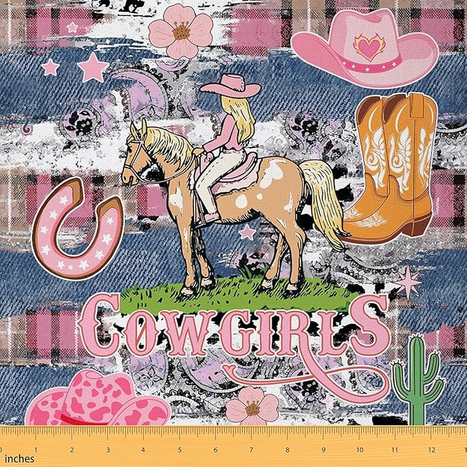 Castle Fairy Western Cowgirl Fabric, Farmhouse Decor Horseshoe Boots Flannel by CastleFairy