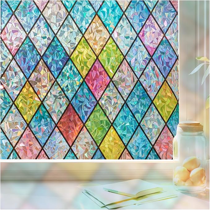 Windimiley Stained Glass Window Privacy Film:3D Rainbow Floral Decorative by WindimileyDecor