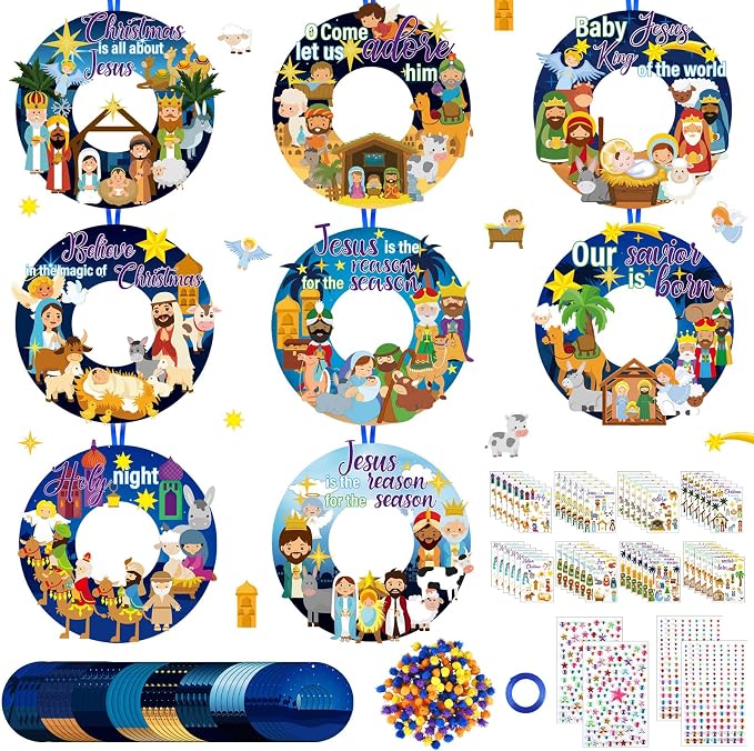 Hollowfly 48 Sets Nativity Crafts Kits Religious Jesus DIY Wreath Signs Hanging by Hollowfly