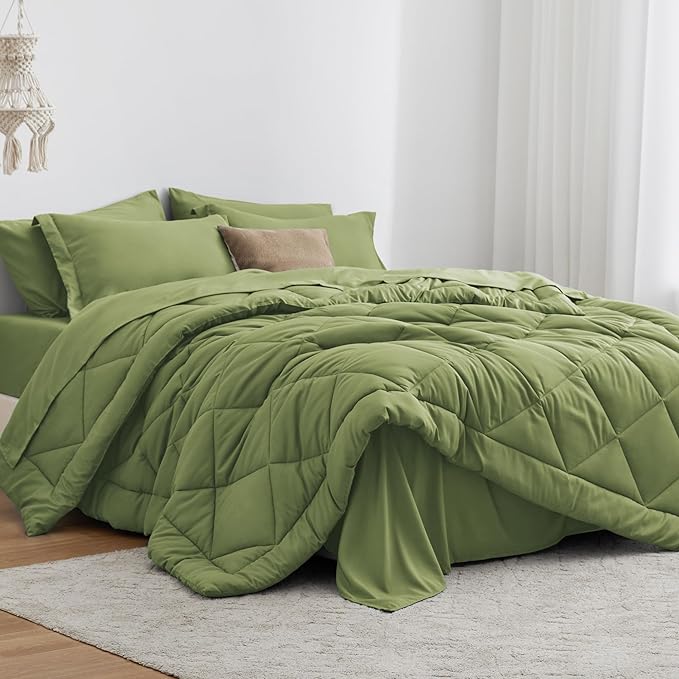 Love's cabin Queen Comforter Set Olive Green, 7 Pieces Queen Bed in a Bag by Lovescabin