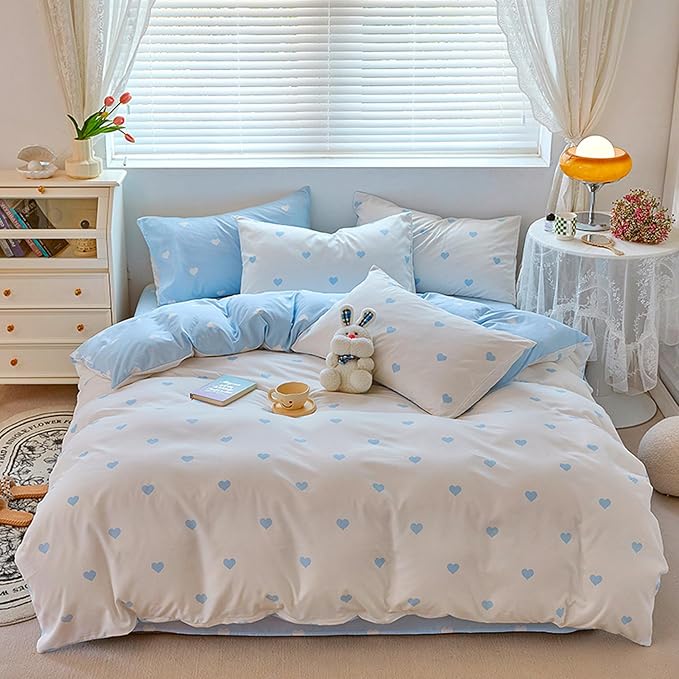 BOLINLIVING Cute Duvet Cover King Size, Reversible Light Blue & White Heart by BOLINLIVING