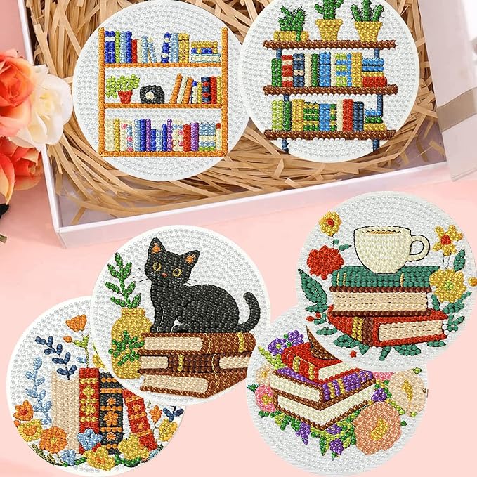 8 Pack Diamond Art Coasters, Bookshelf Diamond Painting Coasters Kits | Books - Image 6