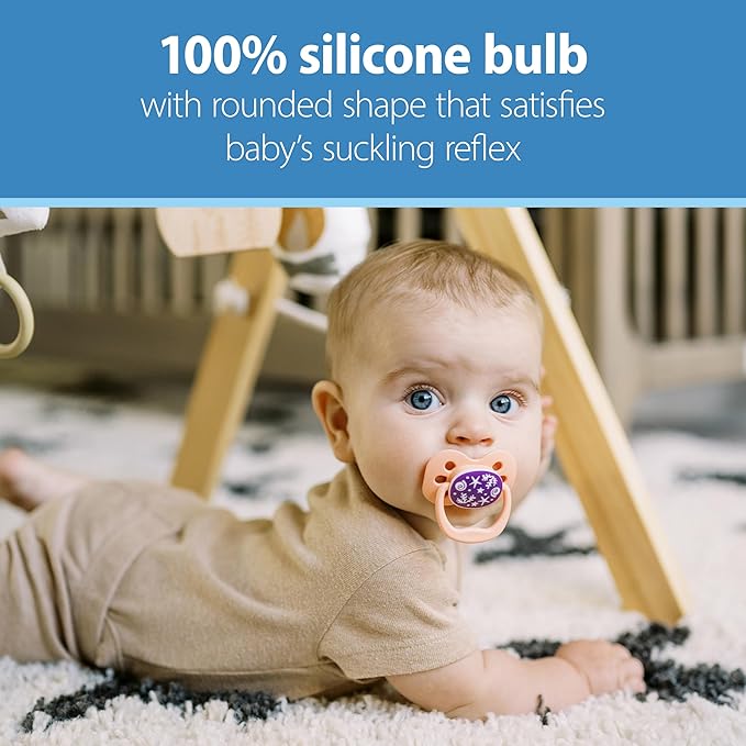 Dr. Brown's Advantage Glow-in-The-Dark Baby Pacifier, Fully Symmetrical Soother with Soft Silicone Bulb, Blue Sunrise-Blue Ocean, 0-6m, BPA Free, 4 Pack