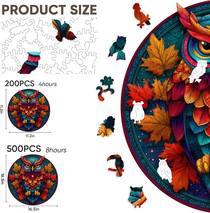 Mocfesk Wooden Puzzles for Adults, Maple Leaf Owl Puzzles 500 Pieces | Unique - Image 3