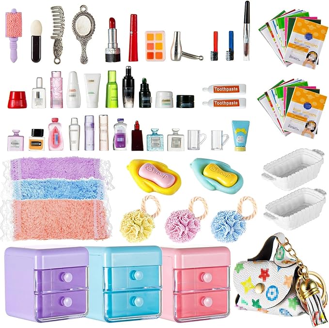 72Pcs Dollhouse Mini Jewelry Storage Case Handbag Towel Cosmetic Set Bathroom by Galaoma