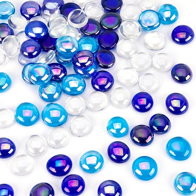 DomeStar 65PCS Iridescent Blue Flat Marbles, Decorative Glass Pebbles | Vase by DOMESTAR