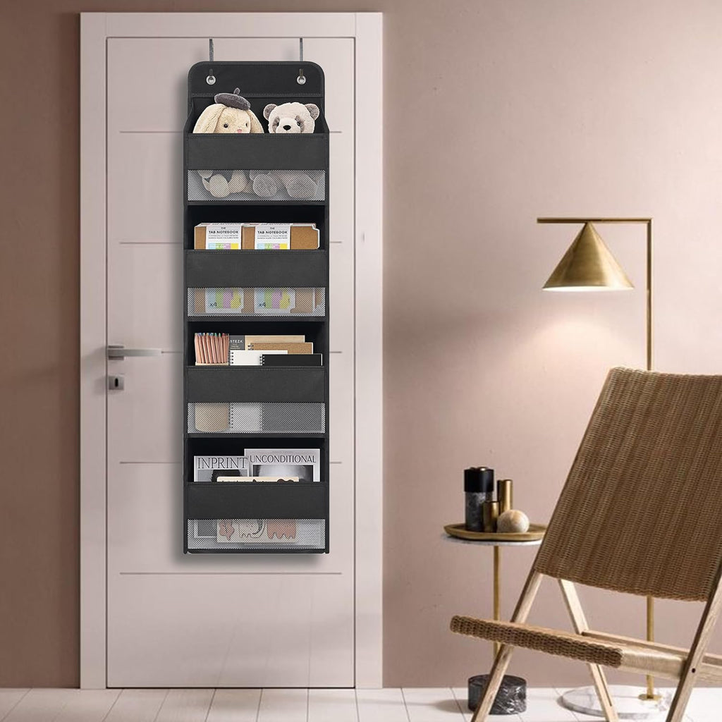 Over The Door Hanging Organizer with 4 Large Pockets – Closet, Bathroom, Nursery, Bedroom, Dorm Storage for Toys, Cosmetics, and Baby Essentials, Black