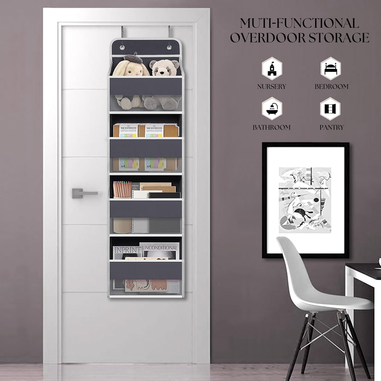 Over The Door Hanging Organizer with 4 Large Pockets – Closet, Bathroom, Nursery, Bedroom, Dorm Storage for Toys, Cosmetics, and Baby Essentials, Gray