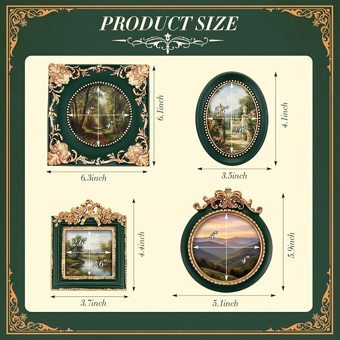 Qunclay Vintage Mini Picture Frames Set of 4, Round Rectangle Ornate Small - Image 3