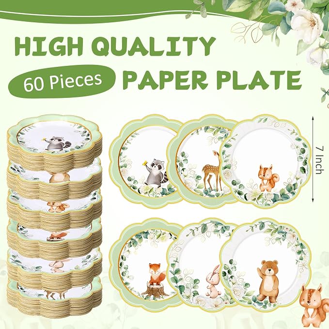Funnymoom 60 Pcs 7 Inch Woodland Animals Baby Shower Paper Plates Woodland - Image 2