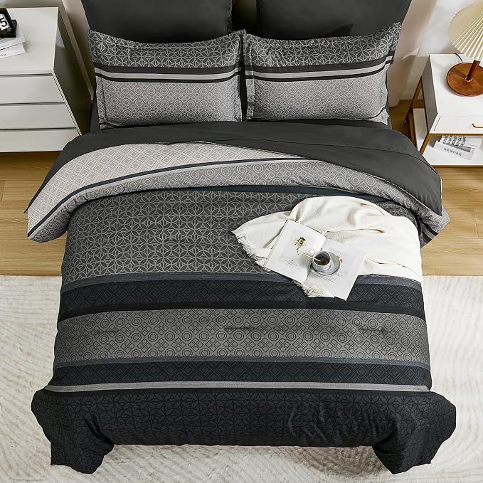 WONGS BEDDING 7 Pieces Comforter Set King Size, Dark Grey Black Striped Bed in - Image 4