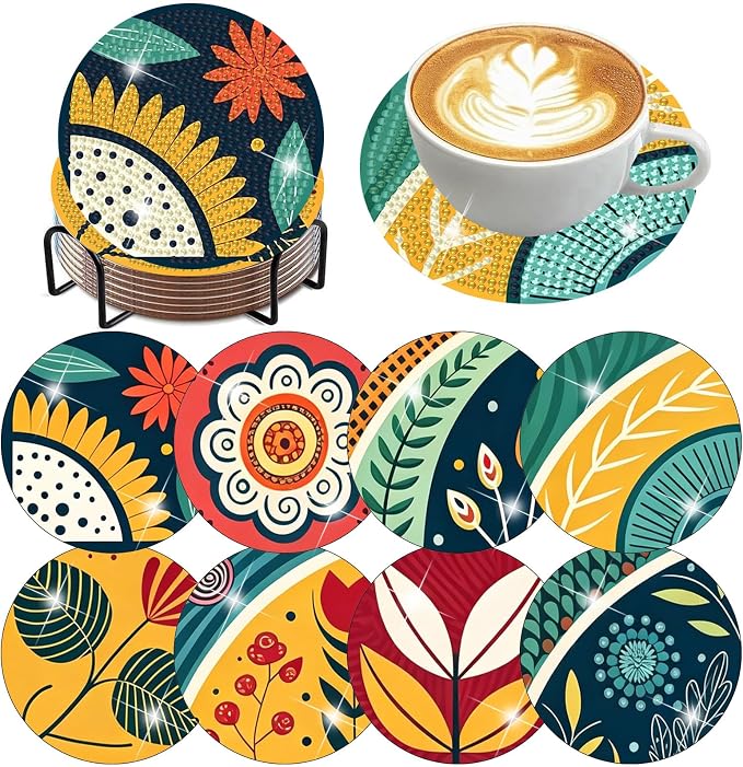 Zythron 8 Pack Diamond Art Coasters Kits, Flowers Diamond Painting Coasters | by Zythron