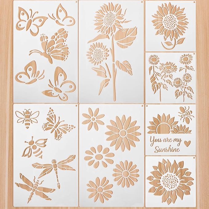 8 Pieces Sunflower Butterflies Painting Stencils Flower Butterfly Stencil Kit by Zonon