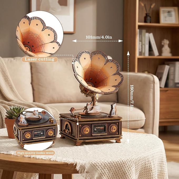 3D Wooden Puzzle Mechanical Gramophone, Wood Model Kits - Image 6