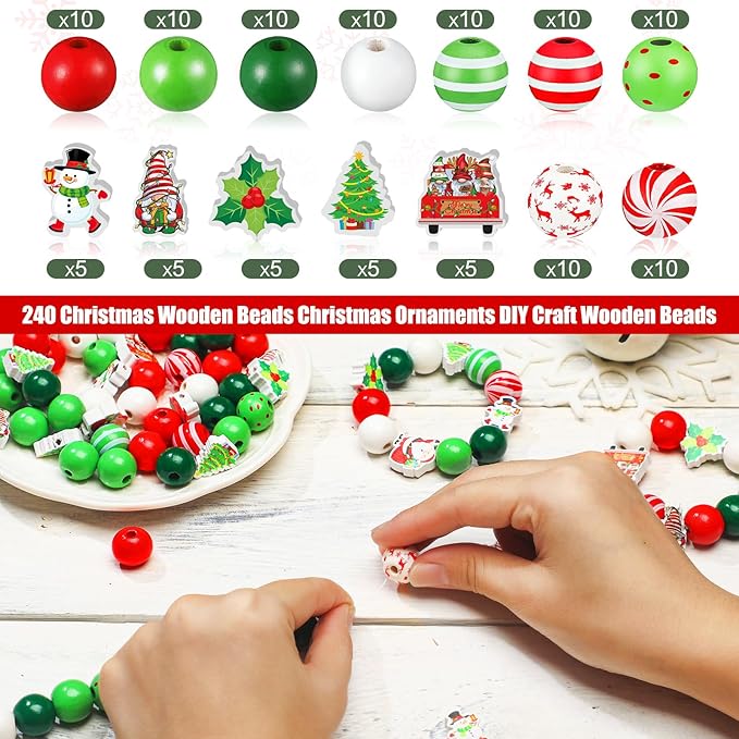 FairySandy 240 Pcs Christmas Wooden Beads Craft 0.63 Inches Hanging Red Green - Image 3