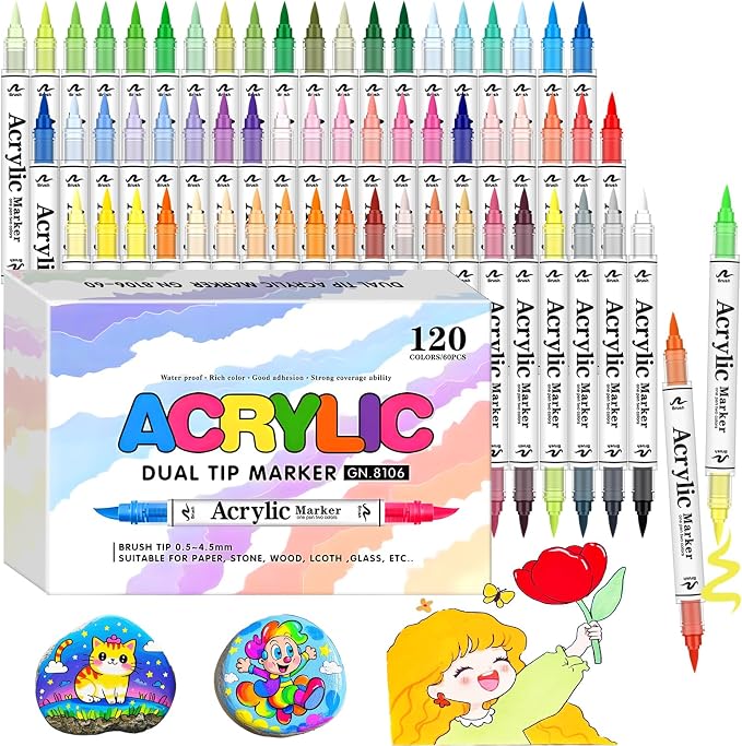120 colors Acrylic Paint Markers, 60 Pack Automatic Ink ControlSoft Brush by AcrylicAura