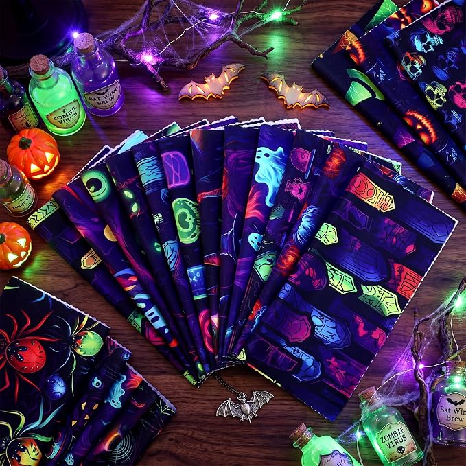 HunnmingRe 20 Pcs 10''x10'' Neon Halloween Quilting Fabric Square Spooky Ghost - Image 3
