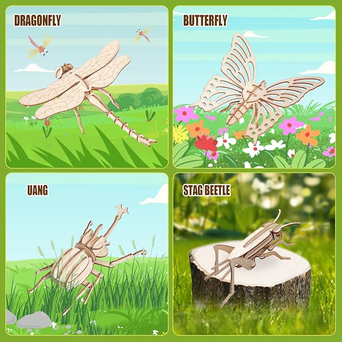 ELX Wooden 3D Puzzles for Kids 6+, 8 Piece Set Insect Animal Models, Wood - Image 4
