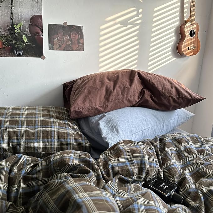 mixinni Vintage Brown & Blue Buffalo Plaid Duvet Cover Set King Size - Image 4