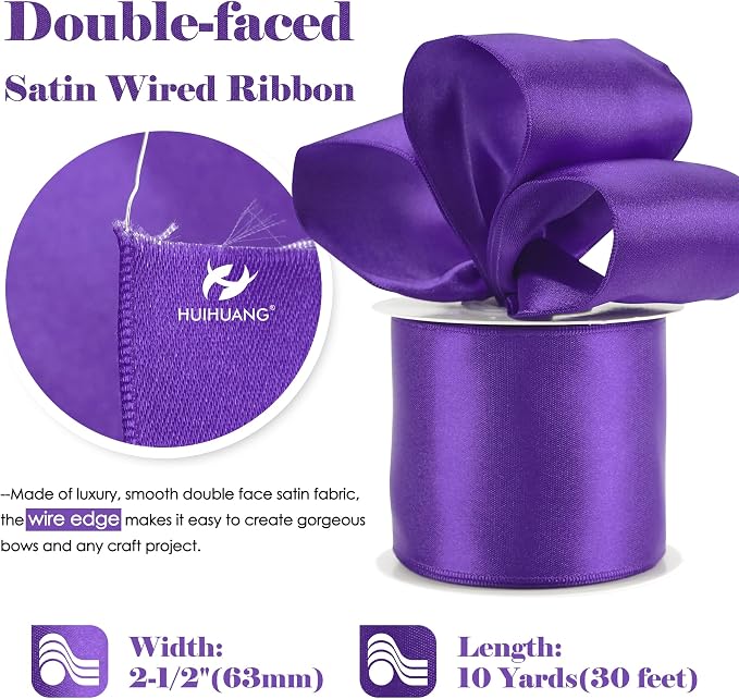 HUIHUANG Purple Wired Ribbon 2.5 inch Purple Satin Wire Edge Ribbon - Image 2