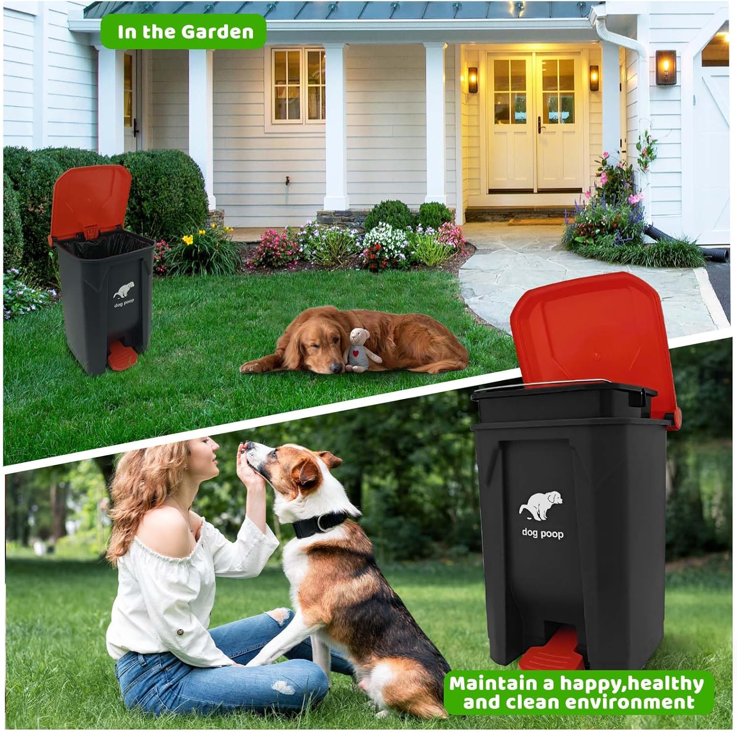 Dog Poop Trash Can Outside, 20L/5Gallon Dog Waste Trash Can with Lid, Pedal and Removable Inner Waste Bin, Pet Poop Bucket with 100 Bags, Red