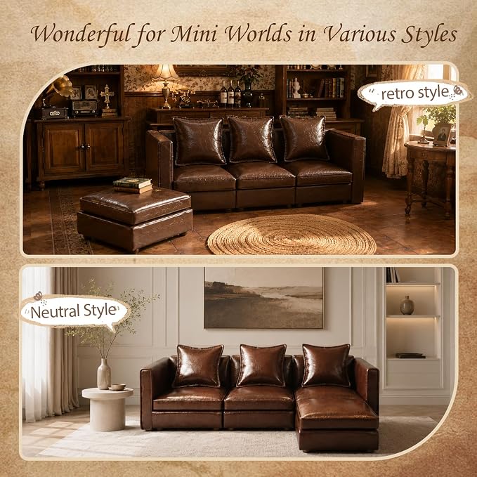 iLAND Dollhouse Furniture Sectional Dollhouse Couch Set Brown Faux Leather Sofa - Image 5